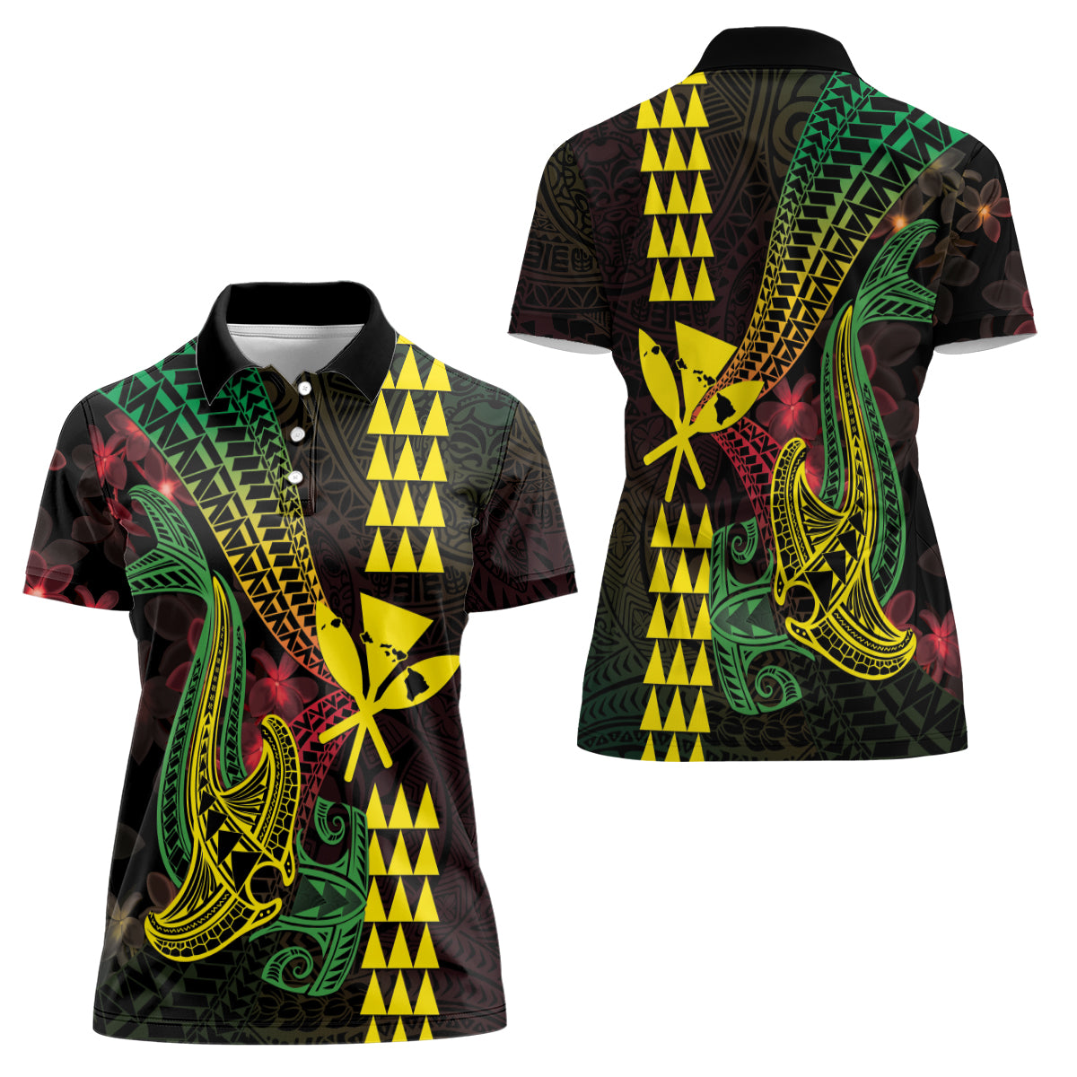 Hawaii Kakau Hammerhead Shark Women Polo Shirt Neon Plumeria Pattern LT01 - Polynesian Pride