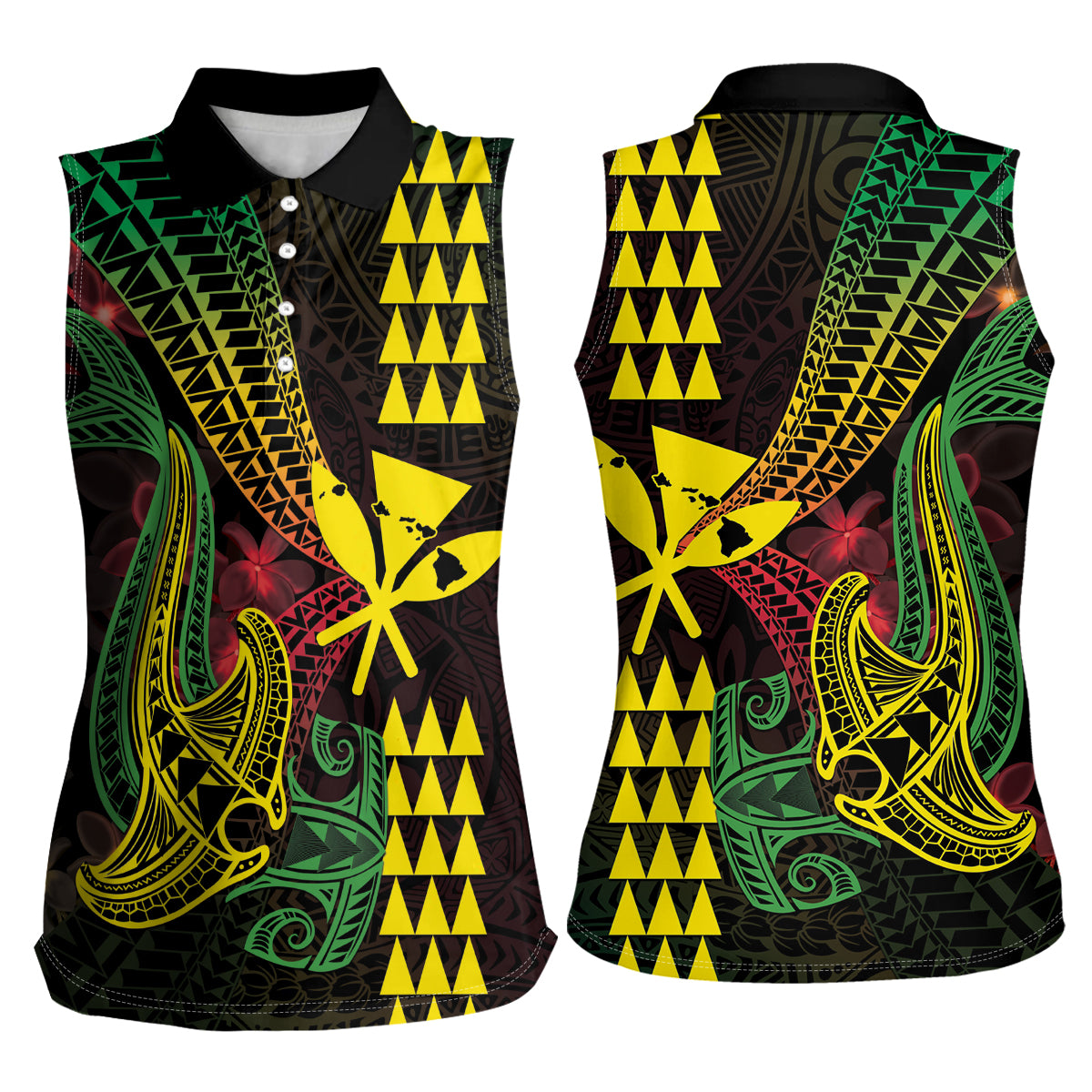 Hawaii Kakau Hammerhead Shark Women Sleeveless Polo Shirt Neon Plumeria Pattern