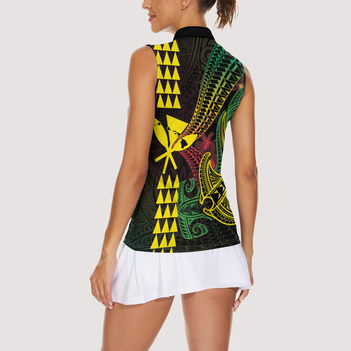 Hawaii Kakau Hammerhead Shark Women Sleeveless Polo Shirt Neon Plumeria Pattern