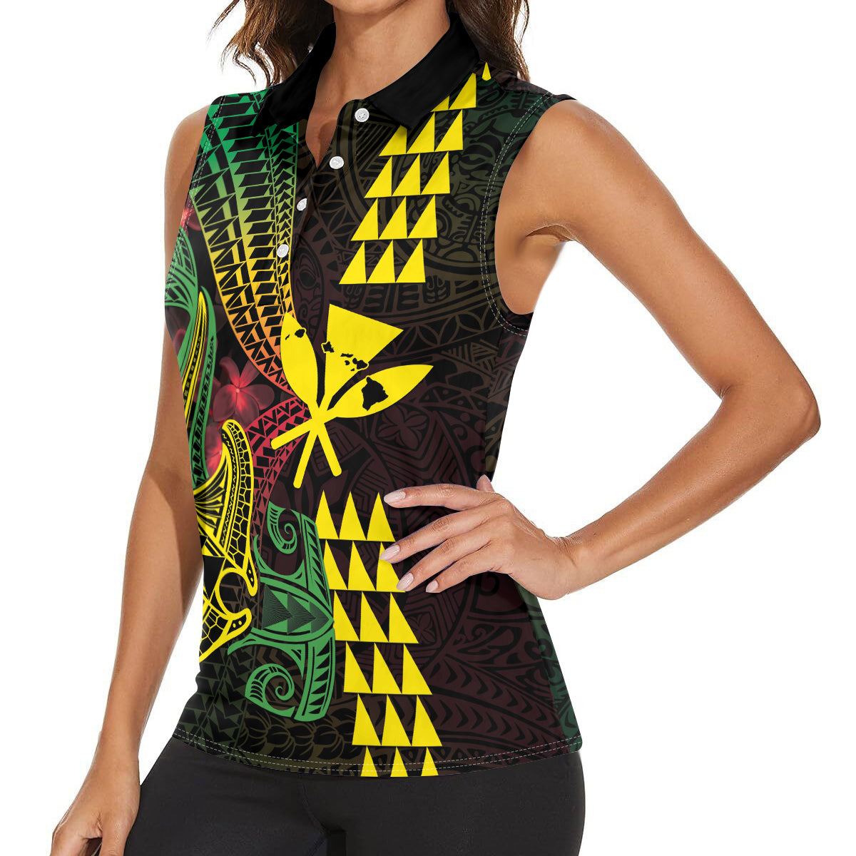 Hawaii Kakau Hammerhead Shark Women Sleeveless Polo Shirt Neon Plumeria Pattern