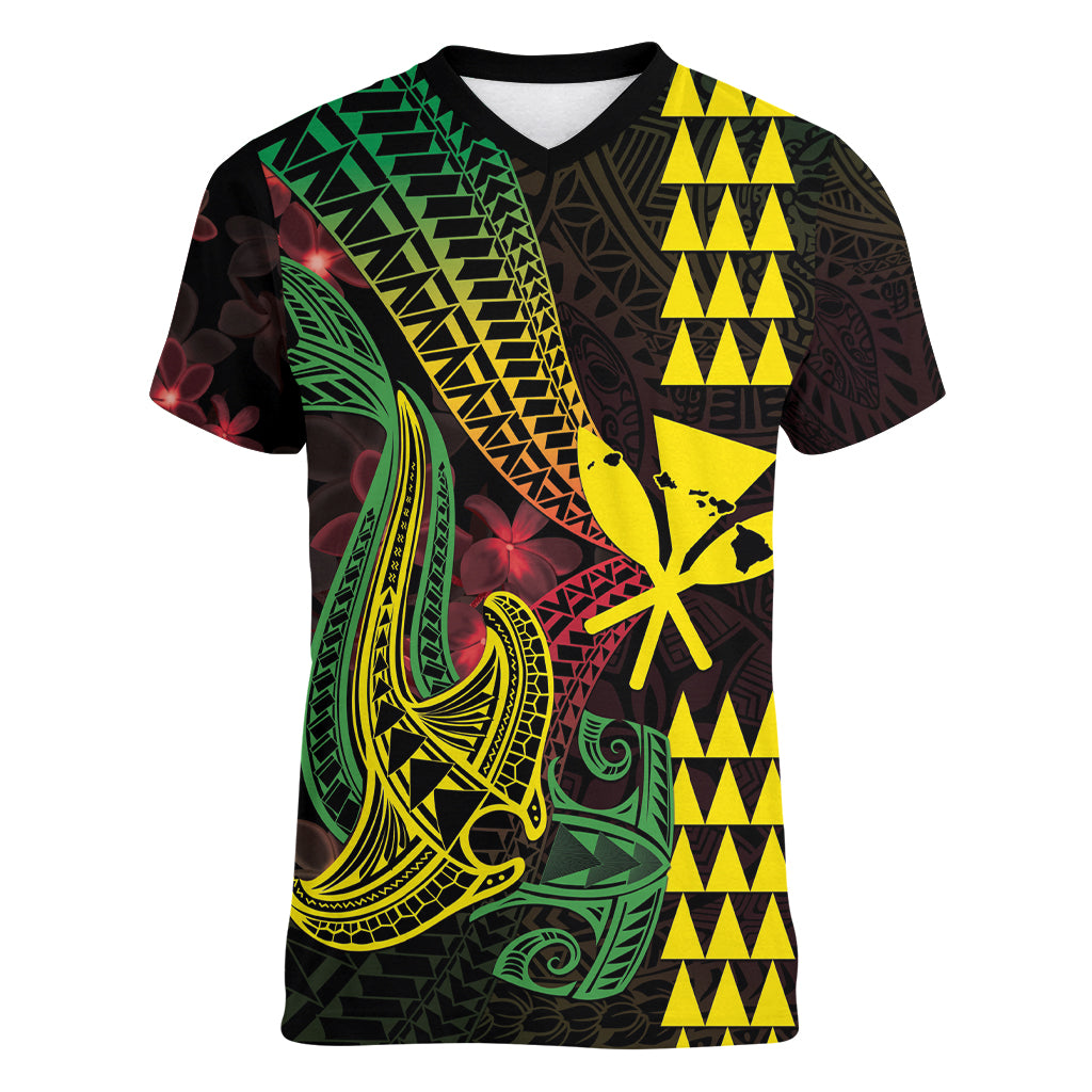 Hawaii Kakau Hammerhead Shark Women V-Neck T-Shirt Neon Plumeria Pattern