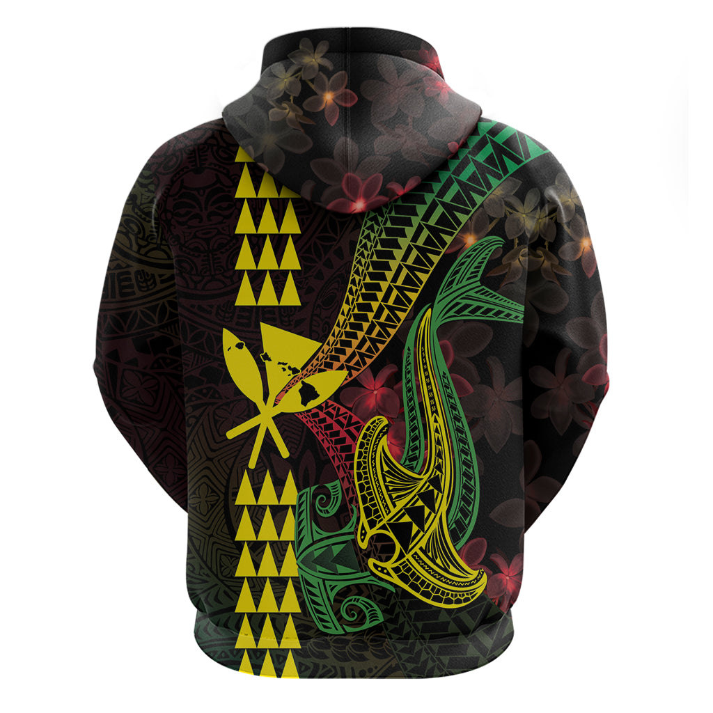 Hawaii Kakau Hammerhead Shark Zip Hoodie Neon Plumeria Pattern