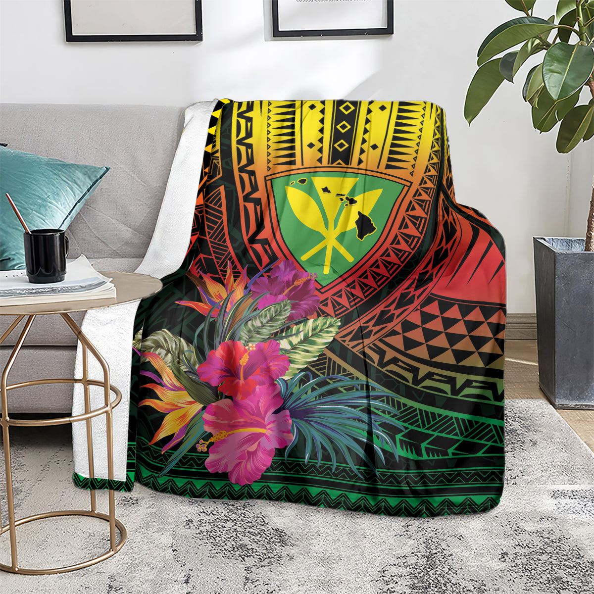 Hawaii Kanaka Maoli Flag Day Blanket Tropical Flowers