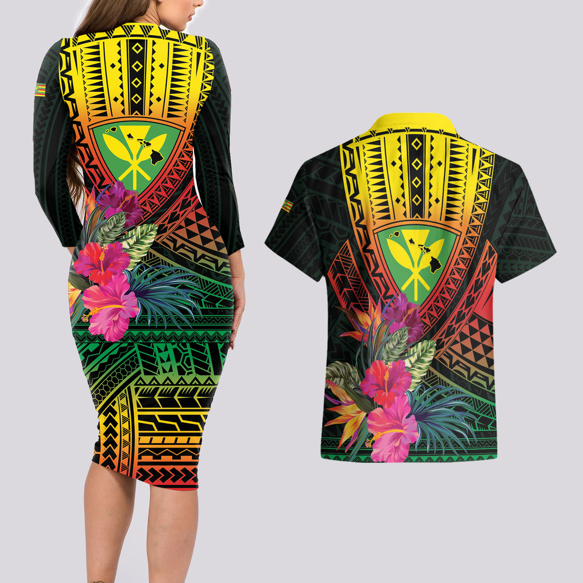 Hawaii Kanaka Maoli Flag Day Couples Matching Long Sleeve Bodycon Dress and Hawaiian Shirt Tropical Flowers LT01 - Polynesian Pride