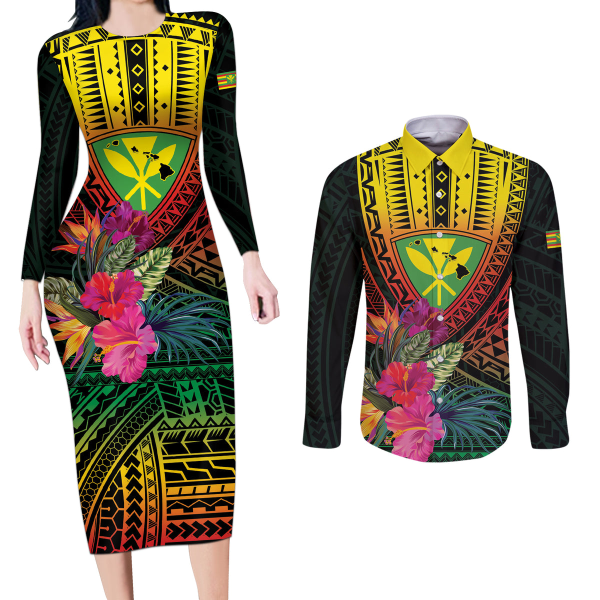 Hawaii Kanaka Maoli Flag Day Couples Matching Long Sleeve Bodycon Dress and Long Sleeve Button Shirt Tropical Flowers LT01 Black - Polynesian Pride
