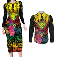 Hawaii Kanaka Maoli Flag Day Couples Matching Long Sleeve Bodycon Dress and Long Sleeve Button Shirt Tropical Flowers LT01 Black - Polynesian Pride