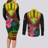 Hawaii Kanaka Maoli Flag Day Couples Matching Long Sleeve Bodycon Dress and Long Sleeve Button Shirt Tropical Flowers LT01 - Polynesian Pride