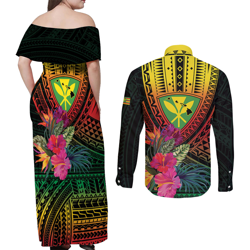 Hawaii Kanaka Maoli Flag Day Couples Matching Off Shoulder Maxi Dress and Long Sleeve Button Shirt Tropical Flowers