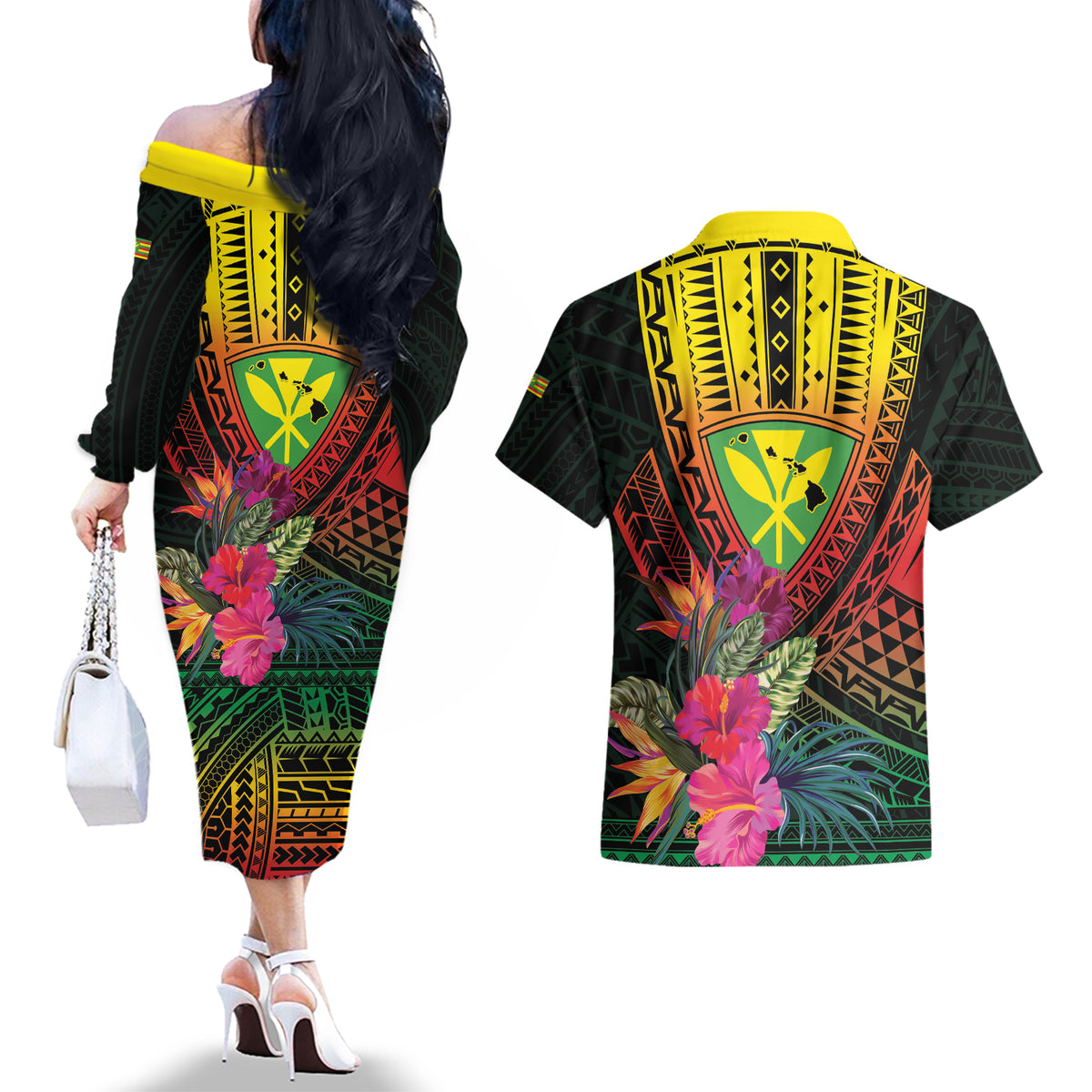 Hawaii Kanaka Maoli Flag Day Couples Matching Off The Shoulder Long Sleeve Dress and Hawaiian Shirt Tropical Flowers LT01 - Polynesian Pride