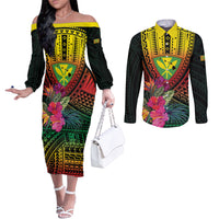 Hawaii Kanaka Maoli Flag Day Couples Matching Off The Shoulder Long Sleeve Dress and Long Sleeve Button Shirt Tropical Flowers LT01 Black - Polynesian Pride