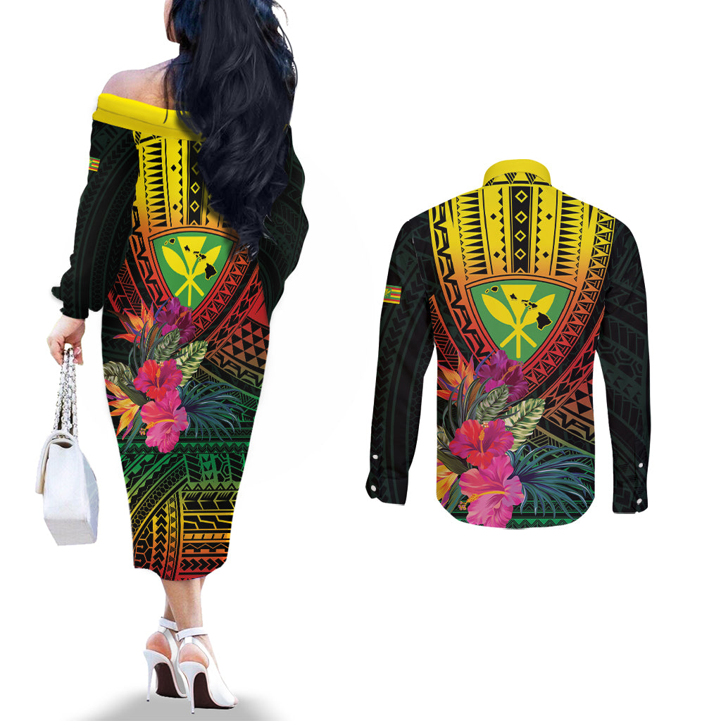 Hawaii Kanaka Maoli Flag Day Couples Matching Off The Shoulder Long Sleeve Dress and Long Sleeve Button Shirt Tropical Flowers LT01 - Polynesian Pride