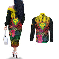 Hawaii Kanaka Maoli Flag Day Couples Matching Off The Shoulder Long Sleeve Dress and Long Sleeve Button Shirt Tropical Flowers LT01 - Polynesian Pride