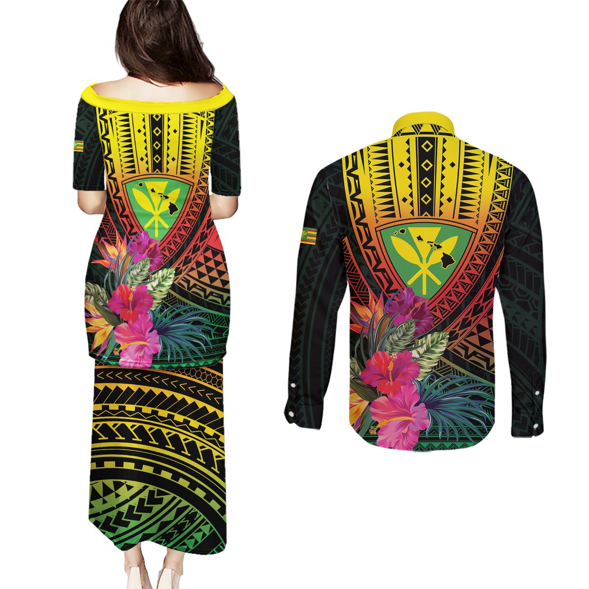 Hawaii Kanaka Maoli Flag Day Couples Matching Puletasi and Long Sleeve Button Shirt Tropical Flowers