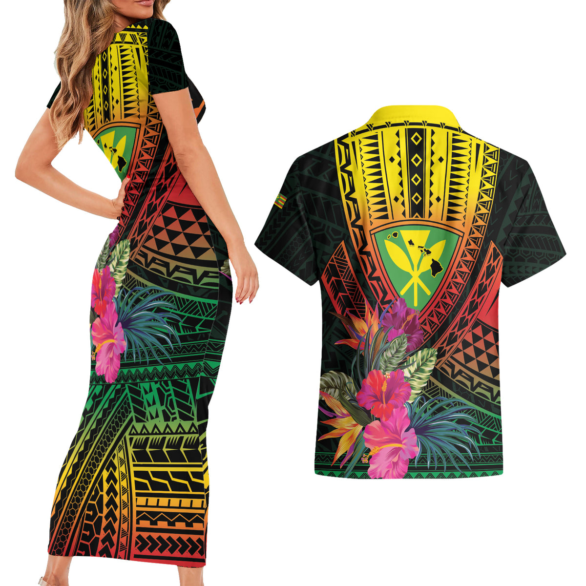 Hawaii Kanaka Maoli Flag Day Couples Matching Short Sleeve Bodycon Dress and Hawaiian Shirt Tropical Flowers LT01 - Polynesian Pride