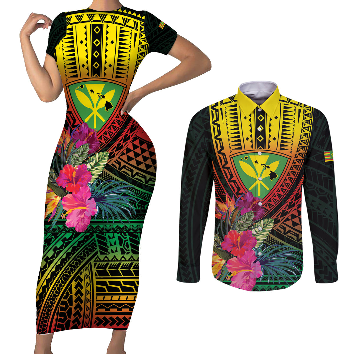 Hawaii Kanaka Maoli Flag Day Couples Matching Short Sleeve Bodycon Dress and Long Sleeve Button Shirt Tropical Flowers LT01 Black - Polynesian Pride