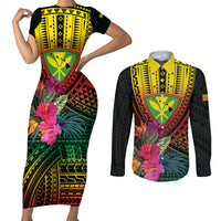 Hawaii Kanaka Maoli Flag Day Couples Matching Short Sleeve Bodycon Dress and Long Sleeve Button Shirt Tropical Flowers LT01 Black - Polynesian Pride