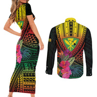 Hawaii Kanaka Maoli Flag Day Couples Matching Short Sleeve Bodycon Dress and Long Sleeve Button Shirt Tropical Flowers LT01 - Polynesian Pride