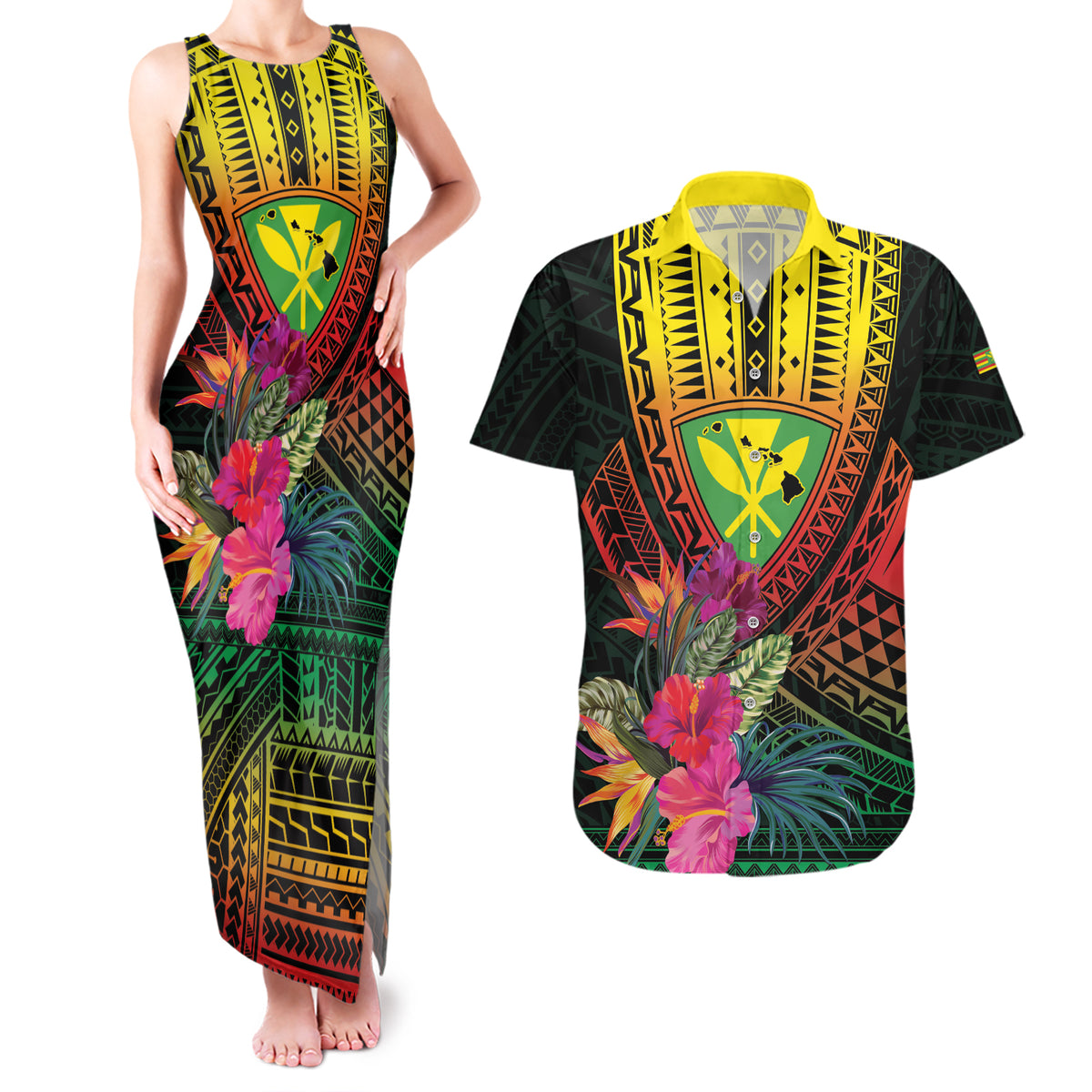 Hawaii Kanaka Maoli Flag Day Couples Matching Tank Maxi Dress and Hawaiian Shirt Tropical Flowers LT01 Black - Polynesian Pride