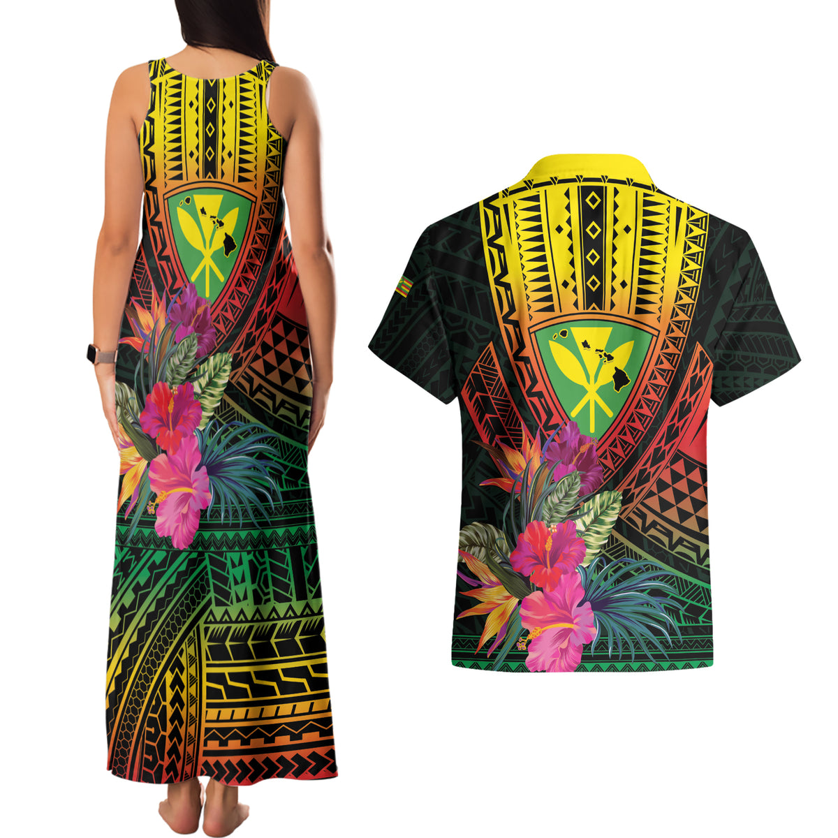 Hawaii Kanaka Maoli Flag Day Couples Matching Tank Maxi Dress and Hawaiian Shirt Tropical Flowers LT01 - Polynesian Pride