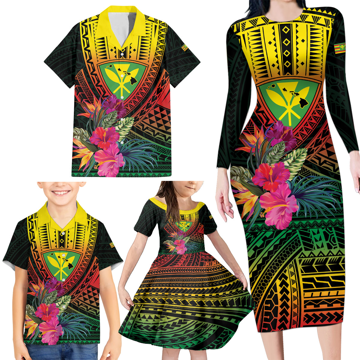 Hawaii Kanaka Maoli Flag Day Family Matching Long Sleeve Bodycon Dress and Hawaiian Shirt Tropical Flowers LT01 - Polynesian Pride