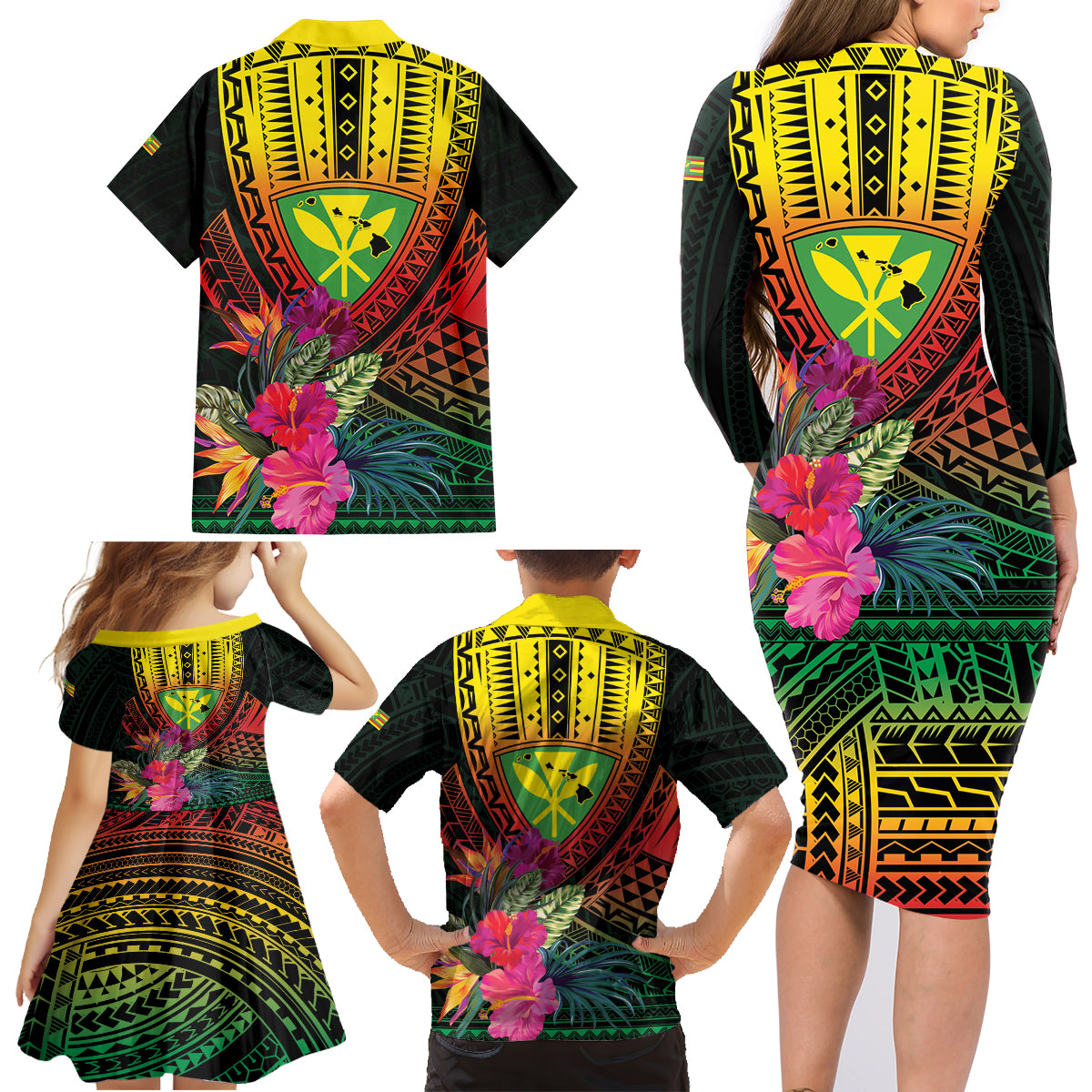 Hawaii Kanaka Maoli Flag Day Family Matching Long Sleeve Bodycon Dress and Hawaiian Shirt Tropical Flowers LT01 - Polynesian Pride