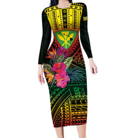 Hawaii Kanaka Maoli Flag Day Family Matching Long Sleeve Bodycon Dress and Hawaiian Shirt Tropical Flowers LT01 Mom's Dress Black - Polynesian Pride
