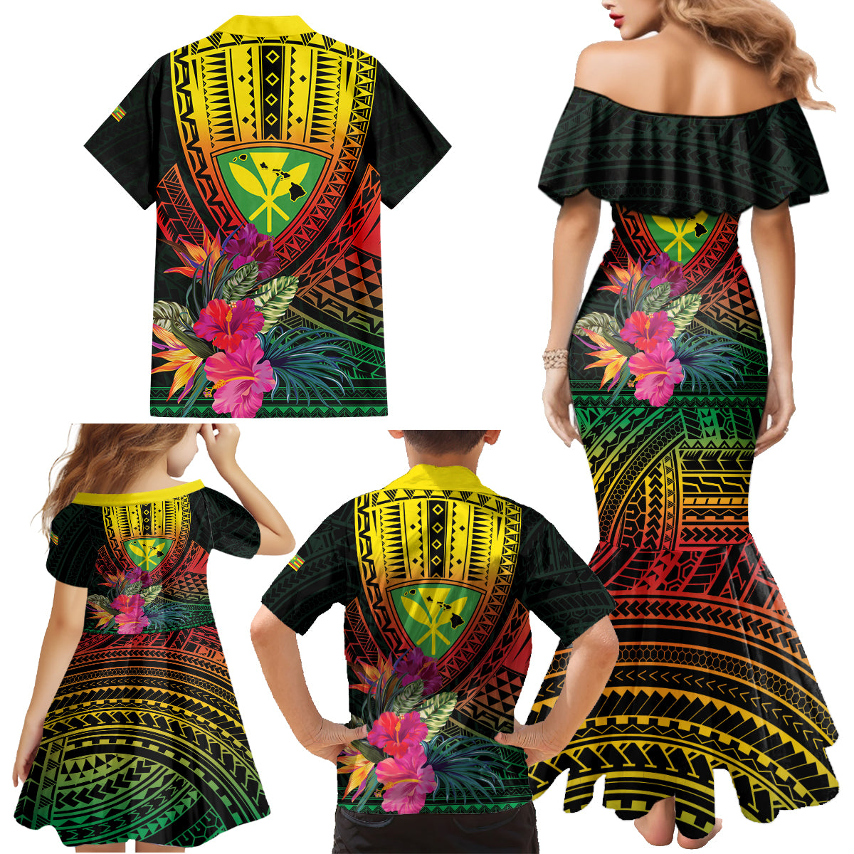 Hawaii Kanaka Maoli Flag Day Family Matching Mermaid Dress and Hawaiian Shirt Tropical Flowers LT01 - Polynesian Pride