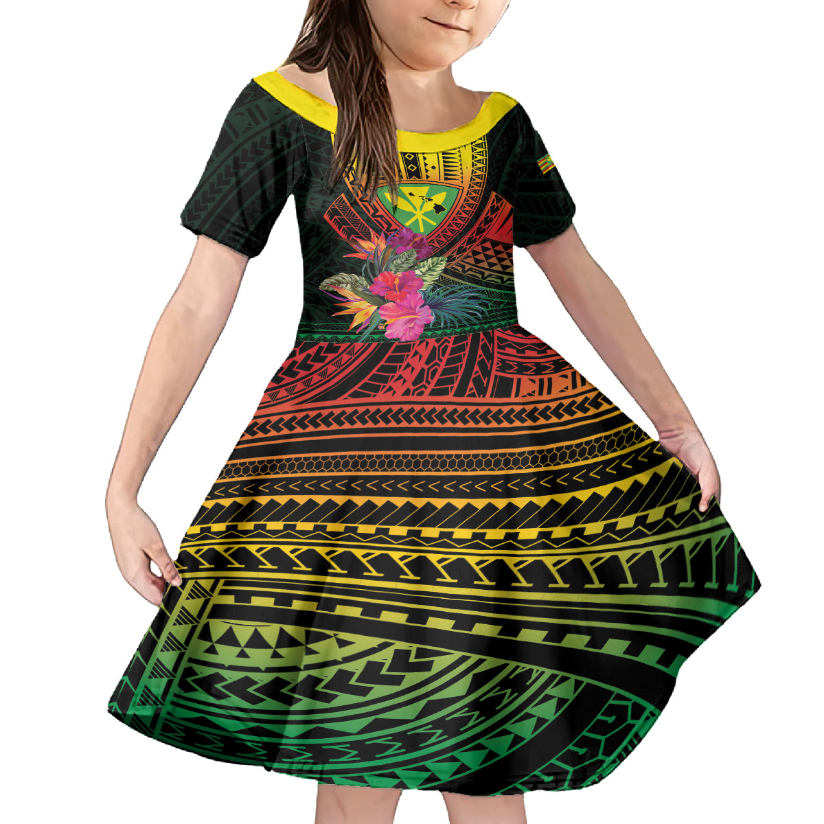 Hawaii Kanaka Maoli Flag Day Family Matching Off The Shoulder Long Sleeve Dress and Hawaiian Shirt Tropical Flowers LT01 Daughter's Dress Black - Polynesian Pride