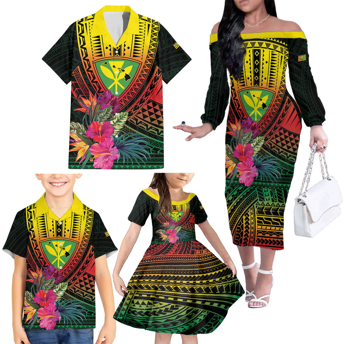 Hawaii Kanaka Maoli Flag Day Family Matching Off The Shoulder Long Sleeve Dress and Hawaiian Shirt Tropical Flowers LT01 - Polynesian Pride