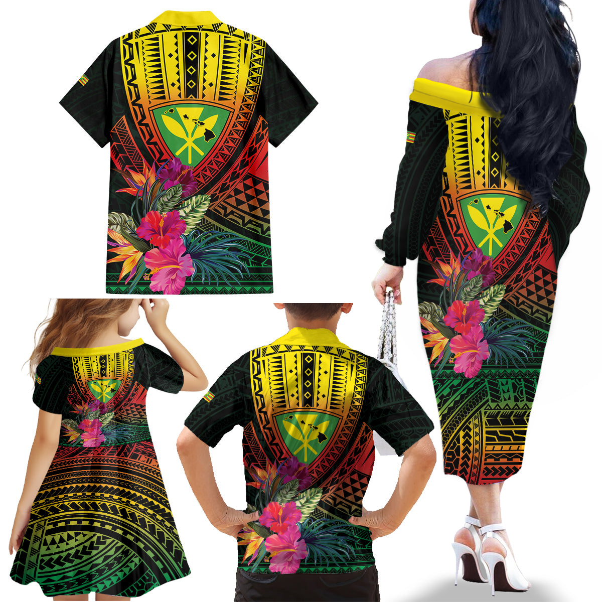 Hawaii Kanaka Maoli Flag Day Family Matching Off The Shoulder Long Sleeve Dress and Hawaiian Shirt Tropical Flowers LT01 - Polynesian Pride