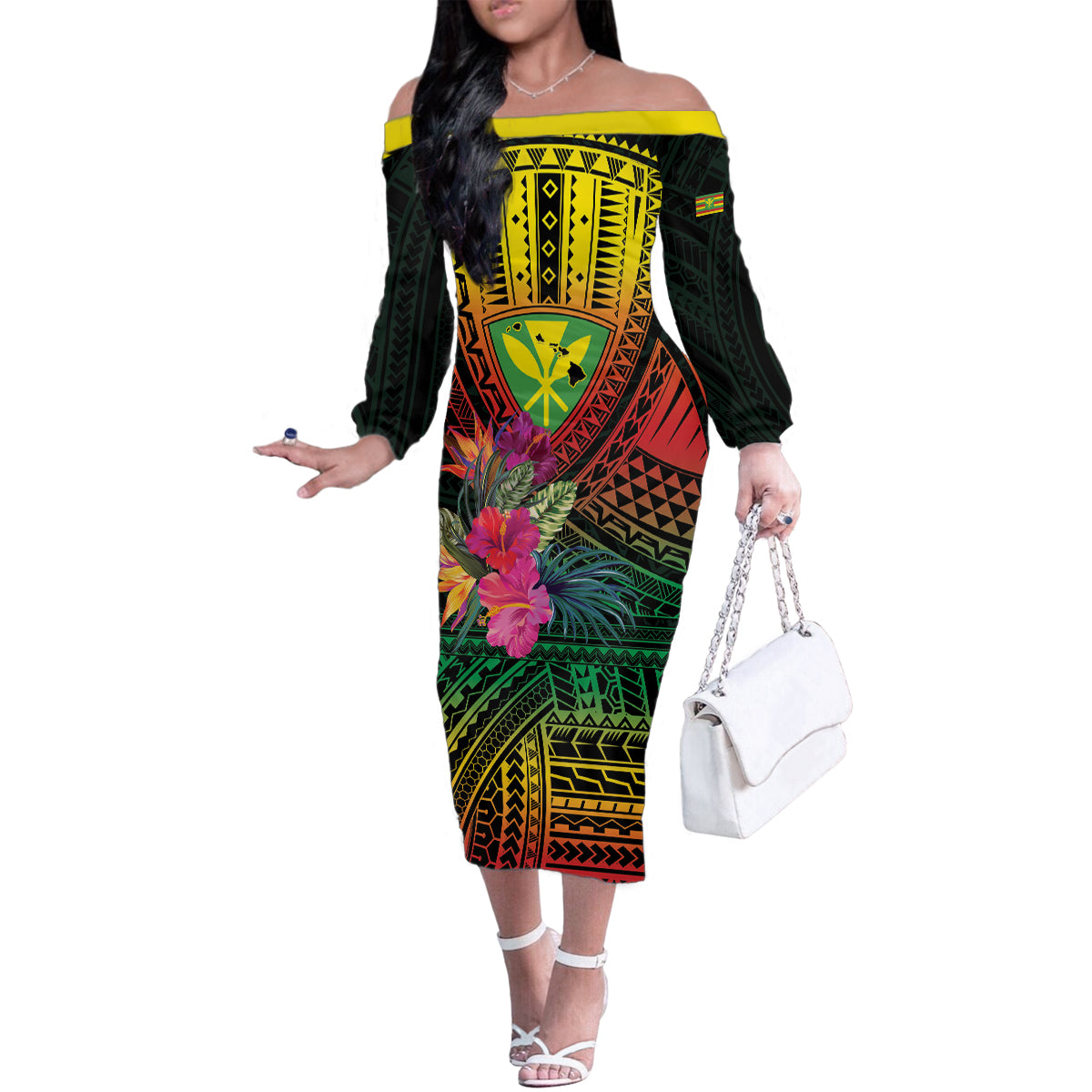 Hawaii Kanaka Maoli Flag Day Family Matching Off The Shoulder Long Sleeve Dress and Hawaiian Shirt Tropical Flowers LT01 Mom's Dress Black - Polynesian Pride
