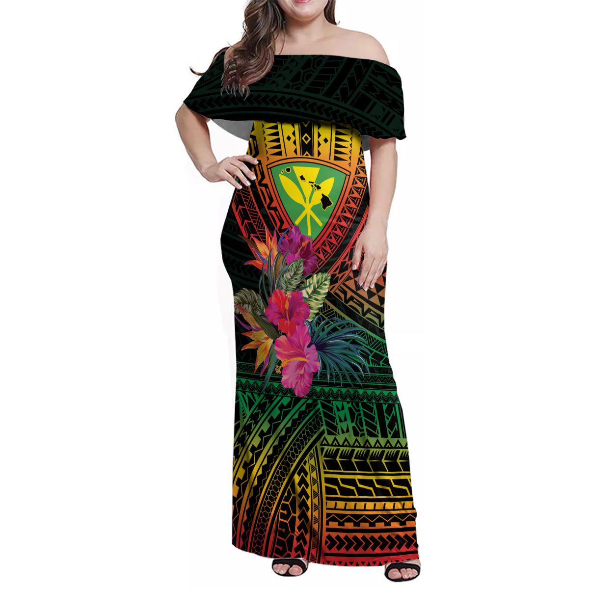 Hawaii Kanaka Maoli Flag Day Family Matching Off Shoulder Maxi Dress and Hawaiian Shirt Tropical Flowers LT01 Mom's Dress Black - Polynesian Pride