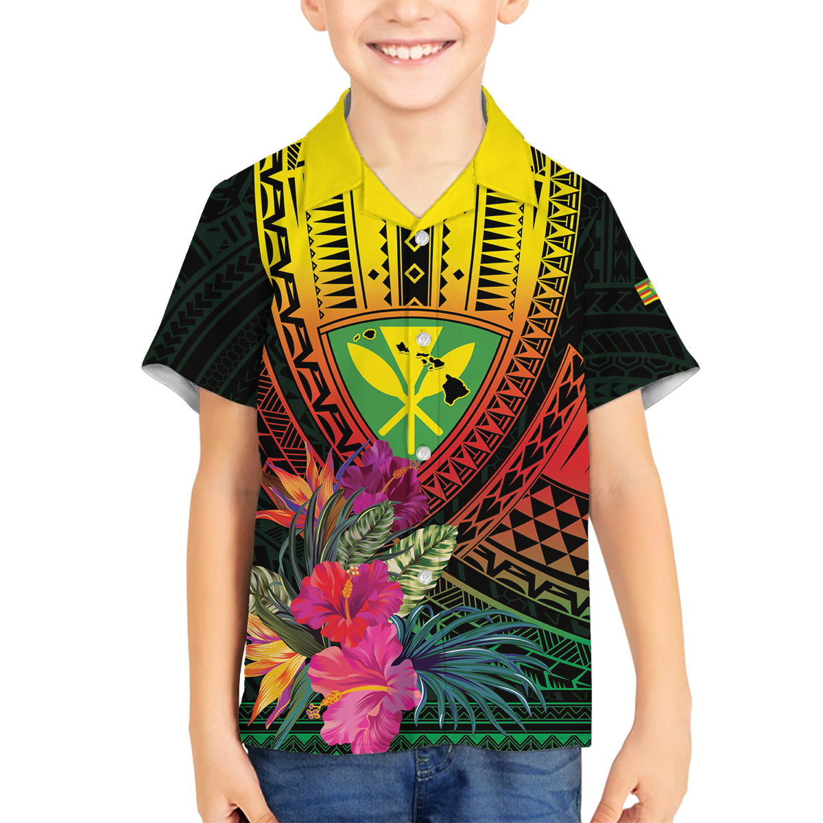 Hawaii Kanaka Maoli Flag Day Family Matching Off Shoulder Maxi Dress and Hawaiian Shirt Tropical Flowers LT01 Son's Shirt Black - Polynesian Pride