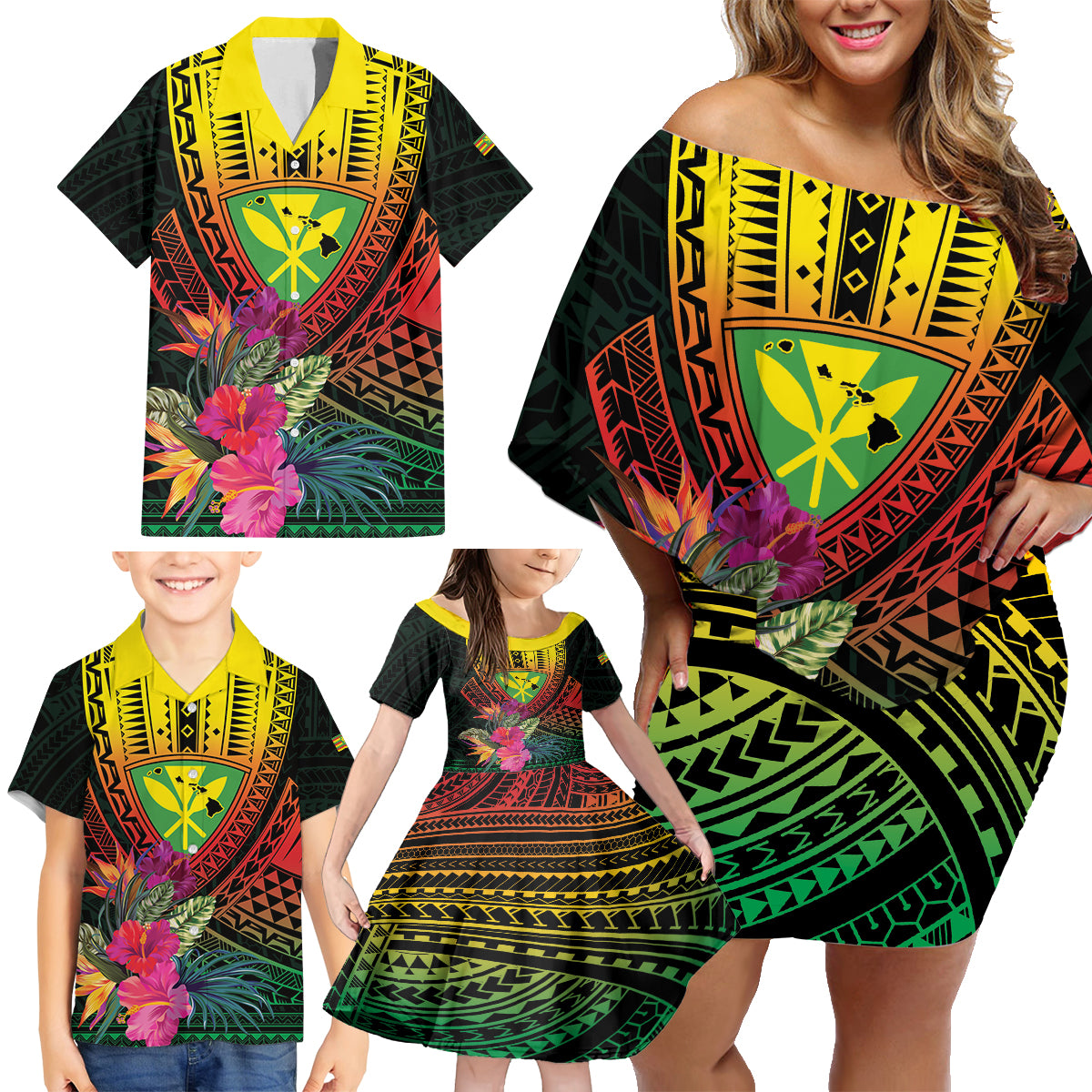 Hawaii Kanaka Maoli Flag Day Family Matching Off Shoulder Short Dress and Hawaiian Shirt Tropical Flowers LT01 - Polynesian Pride