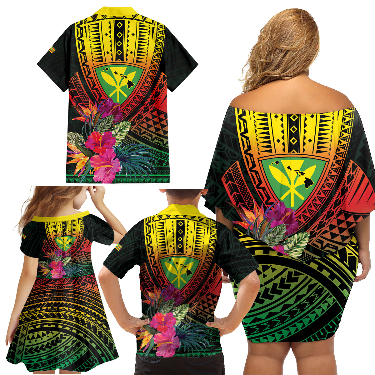 Hawaii Kanaka Maoli Flag Day Family Matching Off Shoulder Short Dress and Hawaiian Shirt Tropical Flowers LT01 - Polynesian Pride