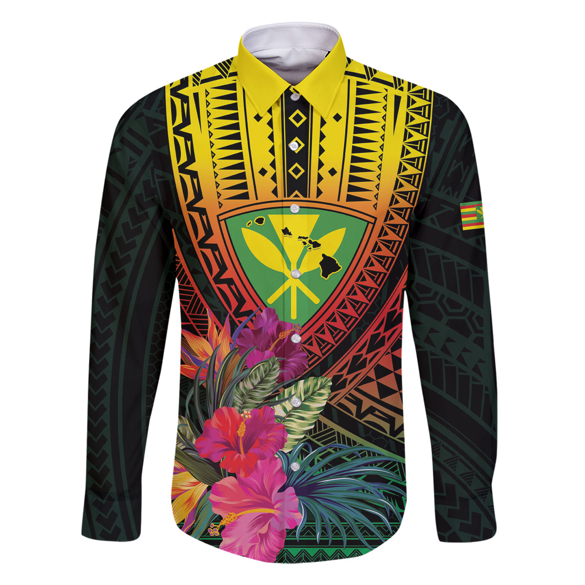 Hawaii Kanaka Maoli Flag Day Family Matching Off Shoulder Short Dress and Hawaiian Shirt Tropical Flowers LT01 Dad's Shirt - Long Sleeve Black - Polynesian Pride