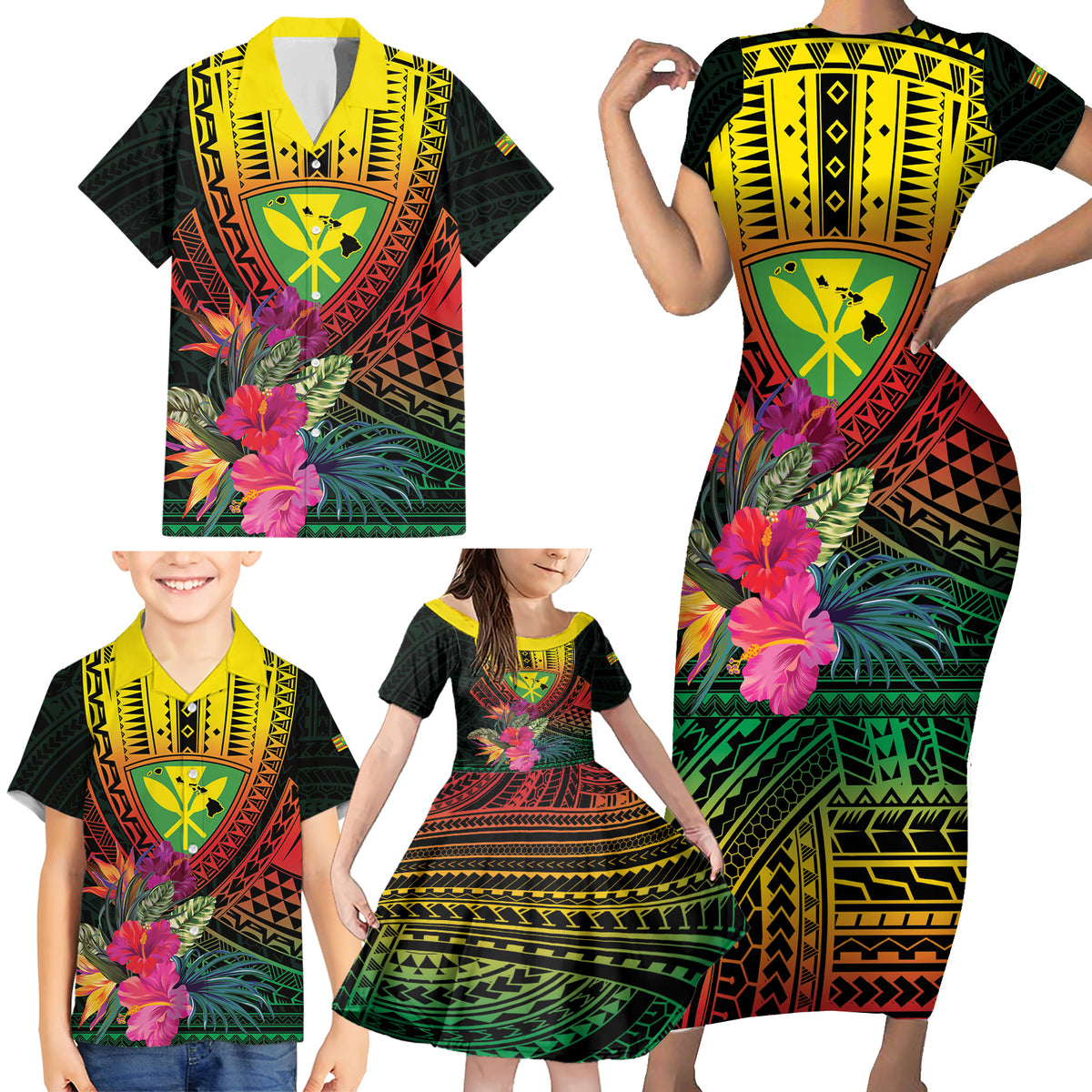 Hawaii Kanaka Maoli Flag Day Family Matching Short Sleeve Bodycon Dress and Hawaiian Shirt Tropical Flowers LT01 - Polynesian Pride