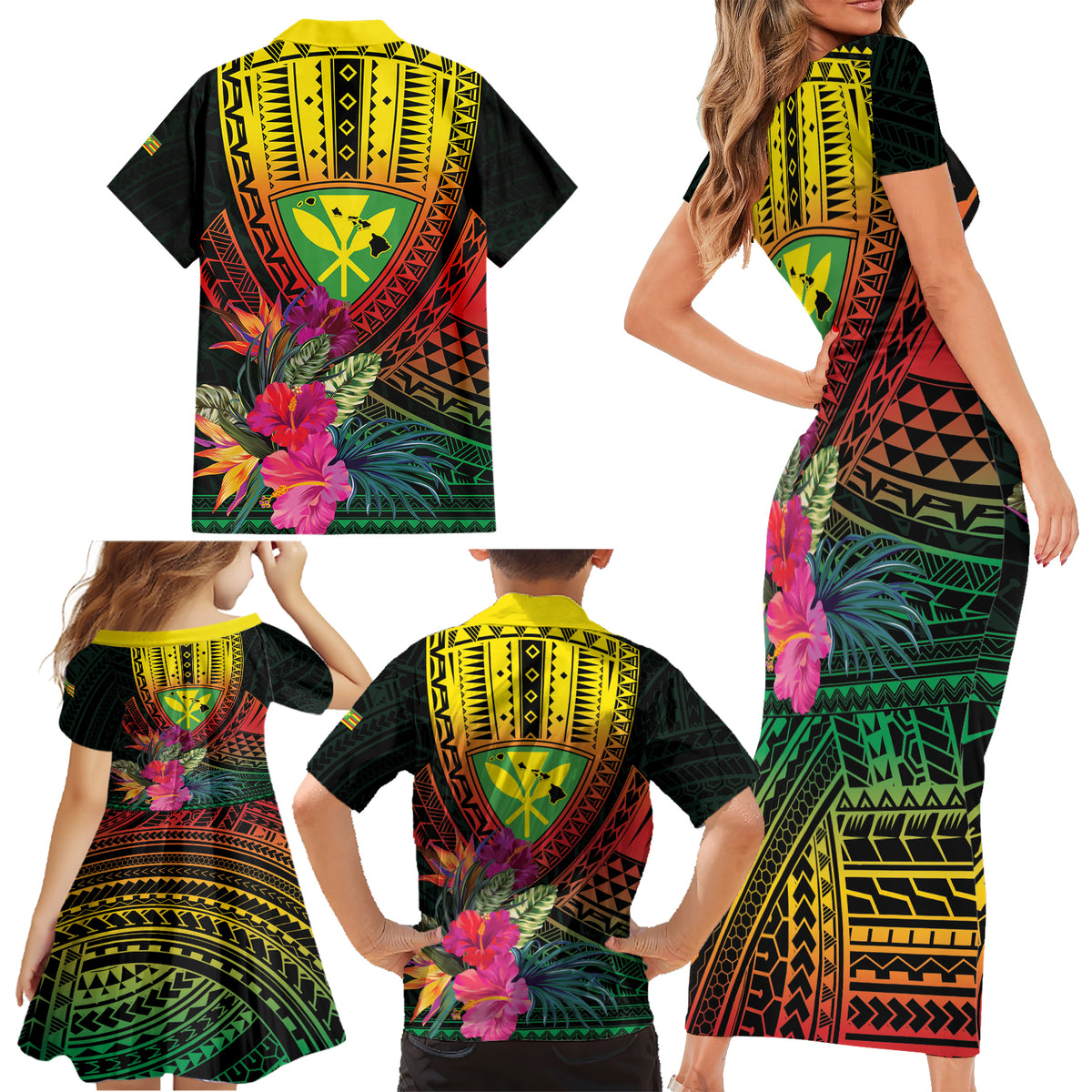 Hawaii Kanaka Maoli Flag Day Family Matching Short Sleeve Bodycon Dress and Hawaiian Shirt Tropical Flowers LT01 - Polynesian Pride