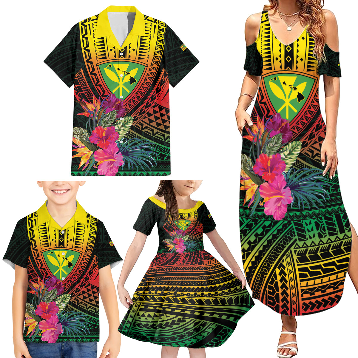 Hawaii Kanaka Maoli Flag Day Family Matching Summer Maxi Dress and Hawaiian Shirt Tropical Flowers LT01 - Polynesian Pride