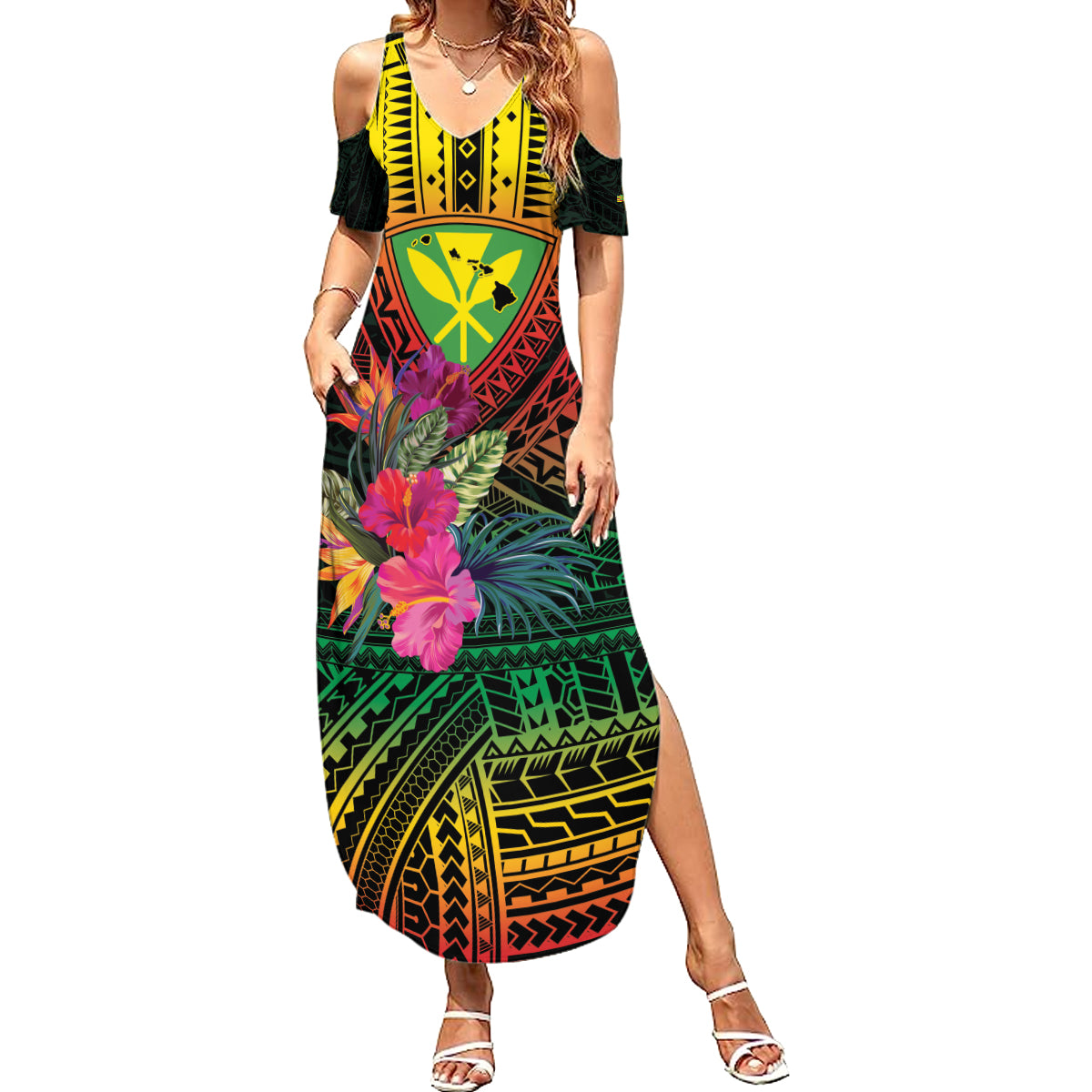 Hawaii Kanaka Maoli Flag Day Family Matching Summer Maxi Dress and Hawaiian Shirt Tropical Flowers LT01 Mom's Dress Black - Polynesian Pride
