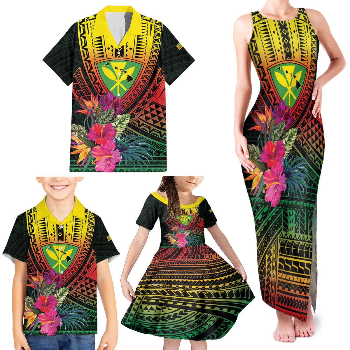 Hawaii Kanaka Maoli Flag Day Family Matching Tank Maxi Dress and Hawaiian Shirt Tropical Flowers LT01 - Polynesian Pride