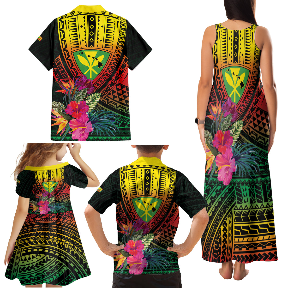Hawaii Kanaka Maoli Flag Day Family Matching Tank Maxi Dress and Hawaiian Shirt Tropical Flowers LT01 - Polynesian Pride
