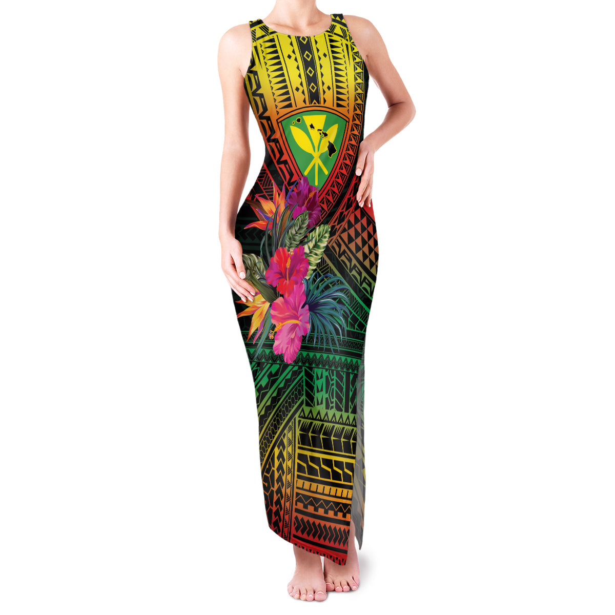 Hawaii Kanaka Maoli Flag Day Family Matching Tank Maxi Dress and Hawaiian Shirt Tropical Flowers LT01 Mom's Dress Black - Polynesian Pride