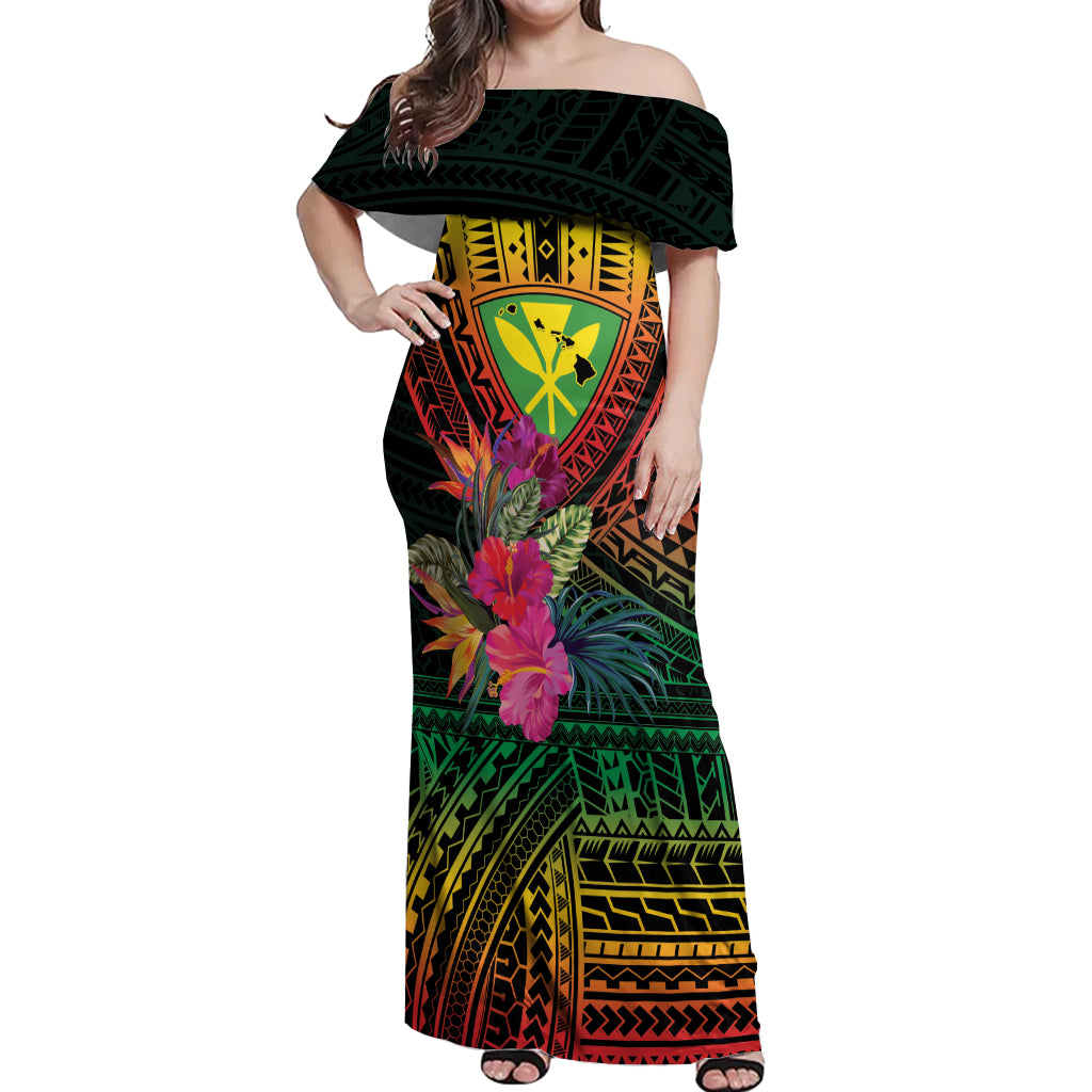 Hawaii Kanaka Maoli Flag Day Off Shoulder Maxi Dress Tropical Flowers