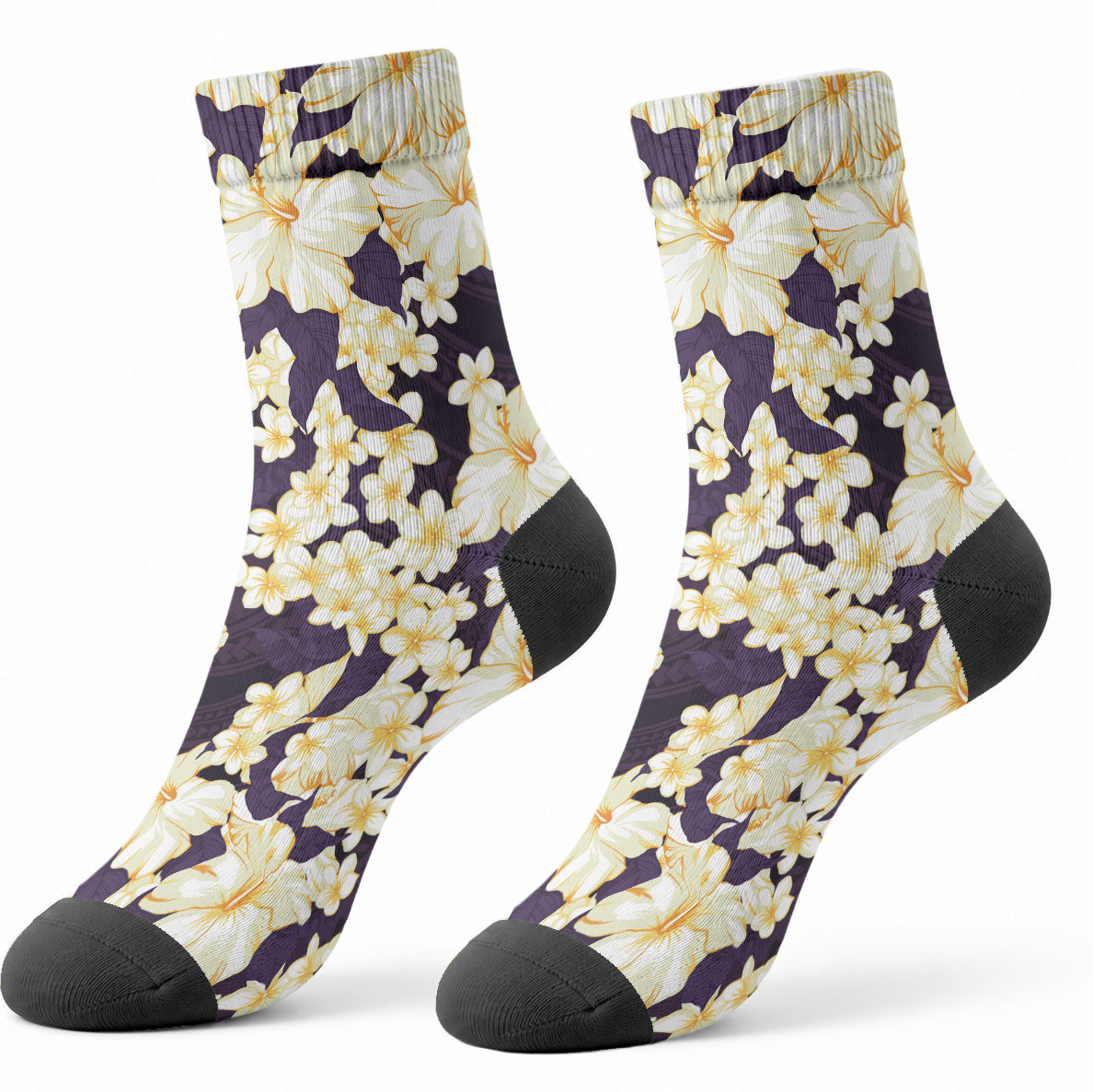 Hawaii Hibiscus Plumeria Purple Crew Socks Polynesian Pattern