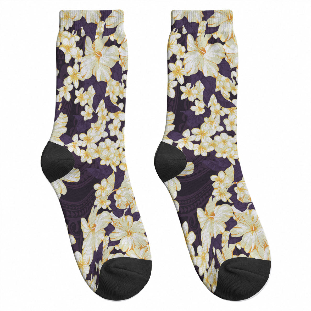 Hawaii Hibiscus Plumeria Purple Crew Socks Polynesian Pattern