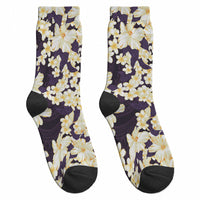 Hawaii Hibiscus Plumeria Purple Crew Socks Polynesian Pattern