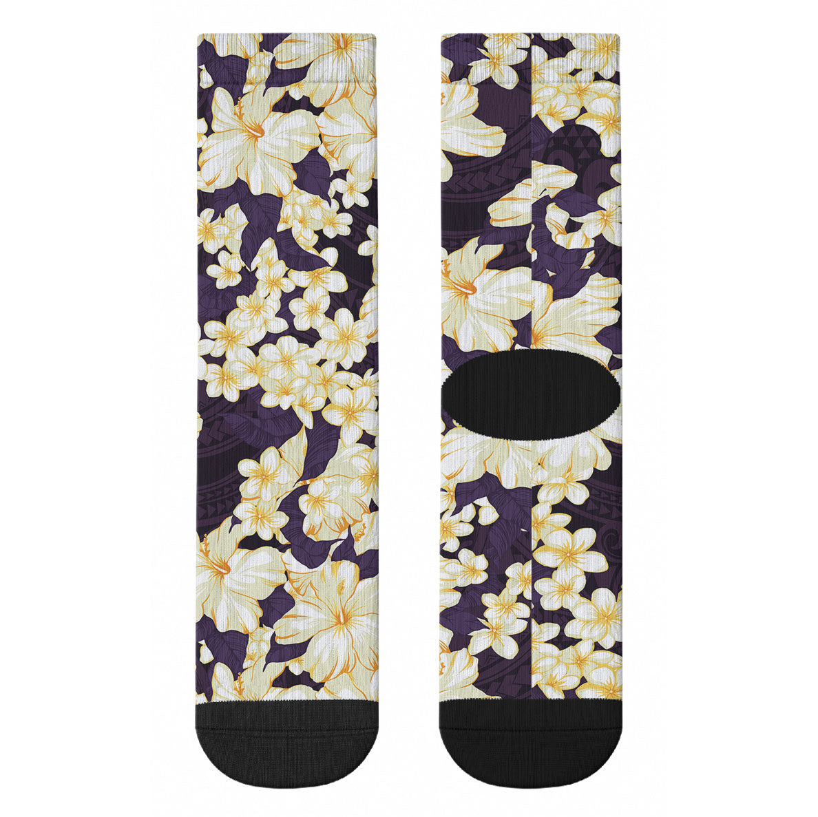 Hawaii Hibiscus Plumeria Purple Crew Socks Polynesian Pattern