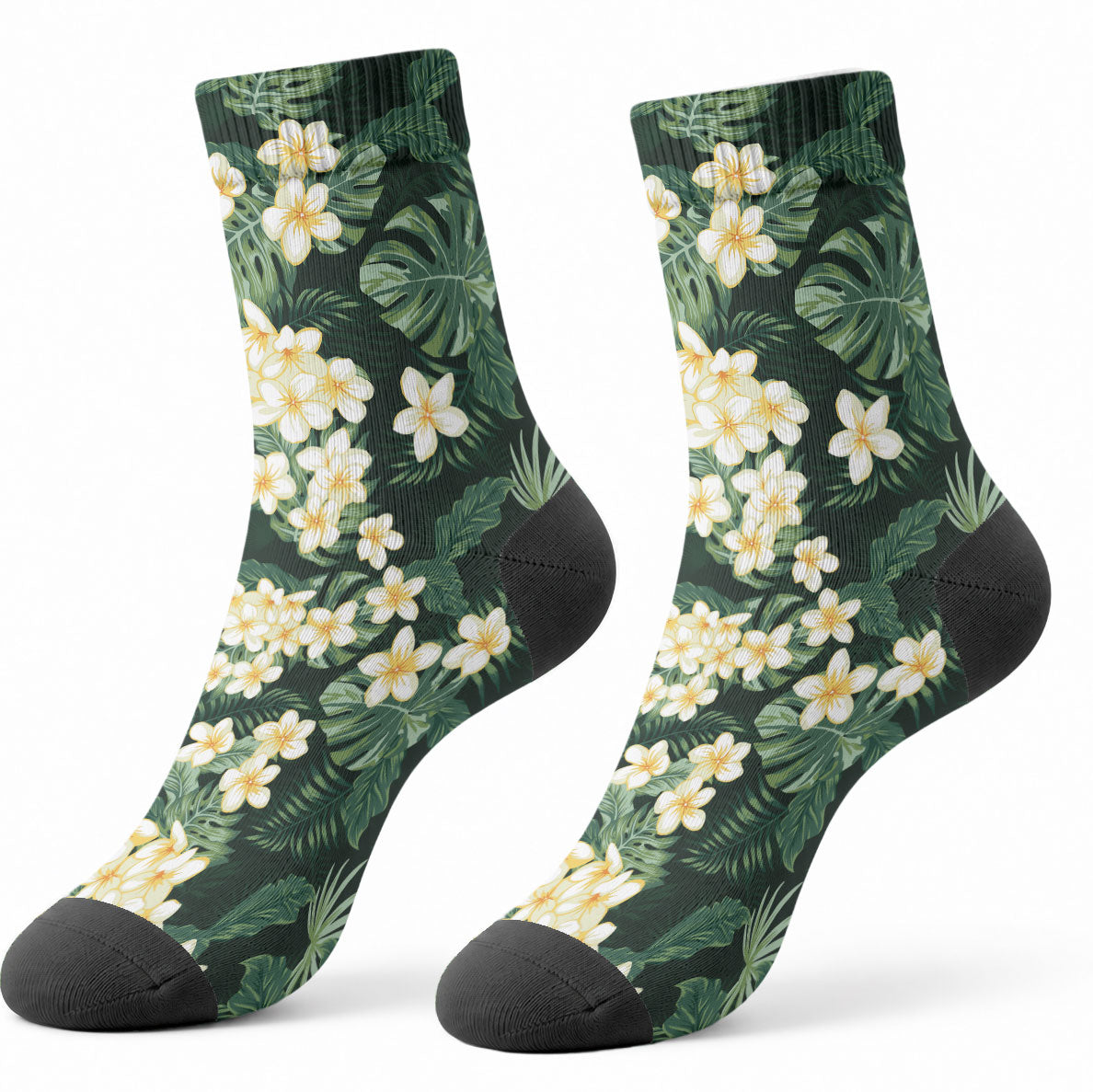Hawaii Plumeria Tropical Leaves Crew Socks Monstera Calathea Palm Fronds LT01 - Polynesian Pride