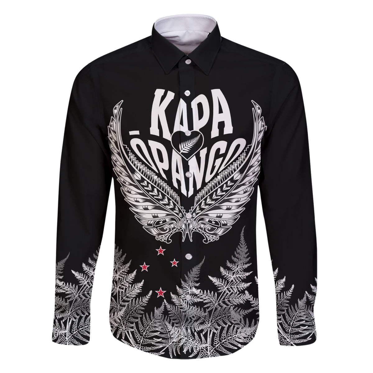 Custom New Zealand Rugby Family Matching Off Shoulder Long Sleeve Dress and Hawaiian Shirt NZ Opango Forever Silver Fern Heart LT01 Dad's Shirt - Long Sleeve Black - Polynesian Pride